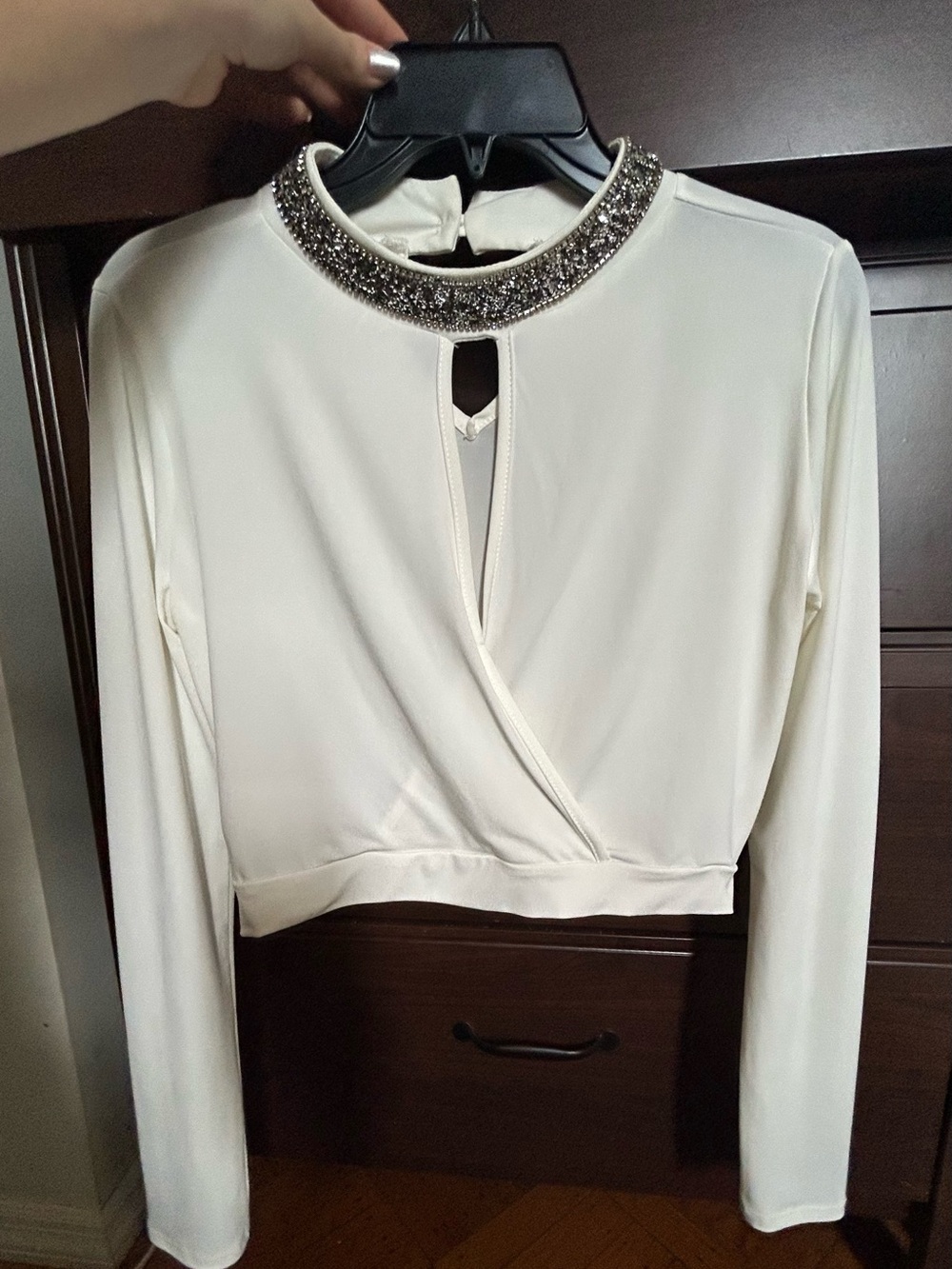 A3 Design Cream Long-Sleeve Top with Beaded Mock Neck